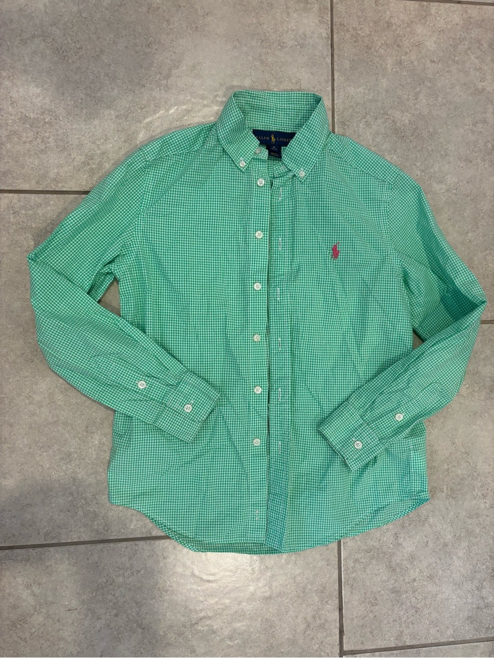 Ralph Lauren Green Gingham Button-Down Shirt with Pink Polo Logo